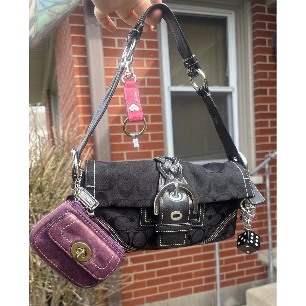 Vintage COACH 3628 Signature Baguette Mini Bag Soho Black Canvas Buckle Leather